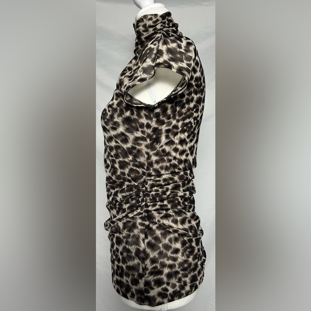 KENNETH COLE Animal Print‎ Mesh Ruched Turtle Neck Y2K Short Sleeve Size PM - Picture 2 of 5